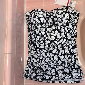 Black and White Strapless Floral Top